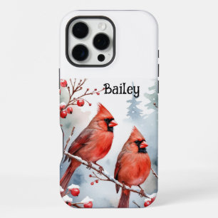 Funda Para iPhone 16 Pro Max Nombre Personalizado Cardenal Rojo Bird Winter Sno