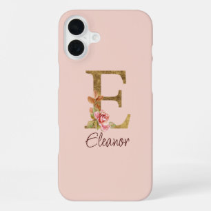 Funda Para iPhone 16 Plus Nombre personalizado Carta E Hoja de Oro Rosas Ros