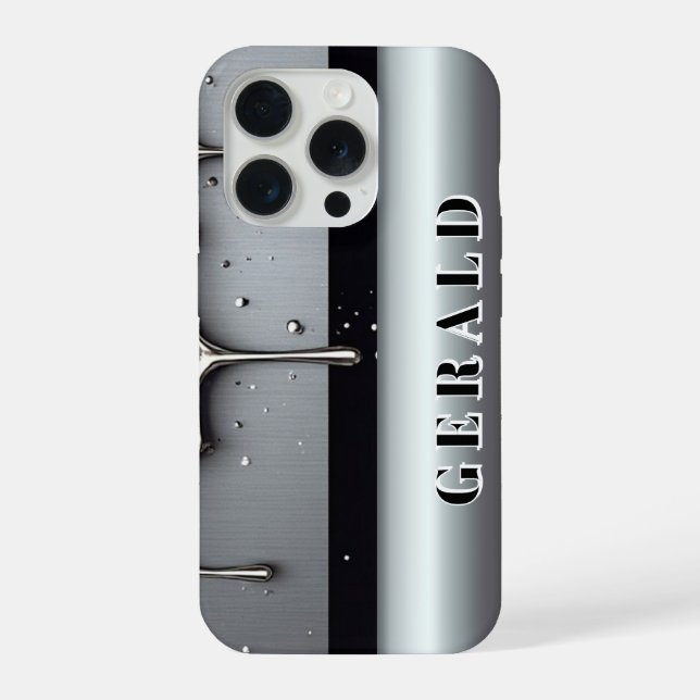 Funda Para iPhone ✨ Nombre Personalizado Chrome Flujo Líquido Plata  (Reverso )