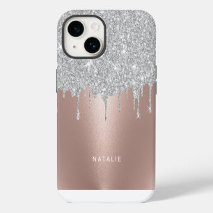 Funda Para iPhone 14 Nombre personalizado con gotas de brillo plateado