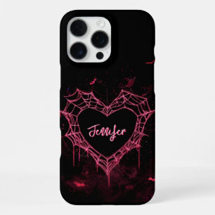 Funda Para iPhone 16 Pro Max Nombre personalizado Corazón Rosa Telaraña Gótico
