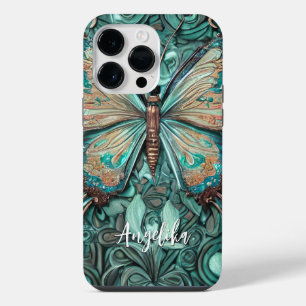 Funda Para iPhone 14 Pro Max Nombre personalizado de mariposa Verde azulada de
