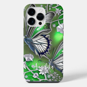 Funda Para iPhone 14 Pro Max Nombre personalizado de mariposas verdes y platead