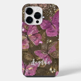 Funda Para iPhone 14 Pro Max Nombre personalizado de mariposas y flores rosadas