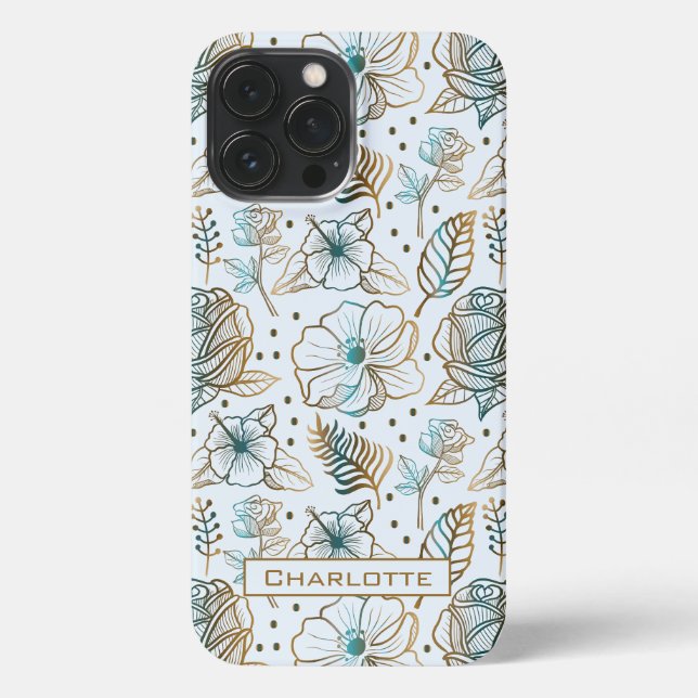 Funda Para iPhone Nombre personalizado de patrón floral de flor colo (Reverso )