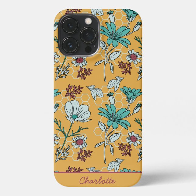 Funda Para iPhone Nombre personalizado de patrón sin costura y flora (Reverso )