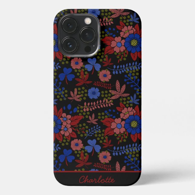 Funda Para iPhone Nombre personalizado de patrón sin costura y flora (Reverso )