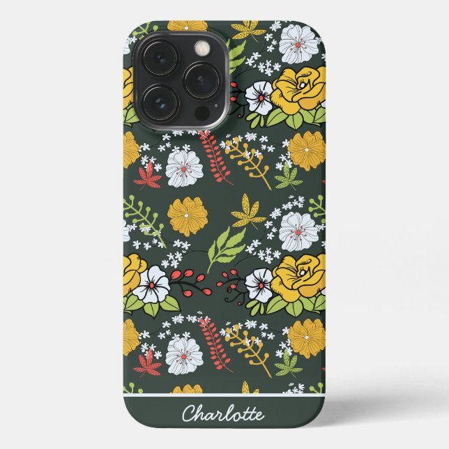 Funda Para iPhone Nombre personalizado de patrón sin costura y flora (Reverso )