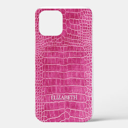 Funda Para iPhone 12 Nombre personalizado del cuero crocodrilo rosa cal