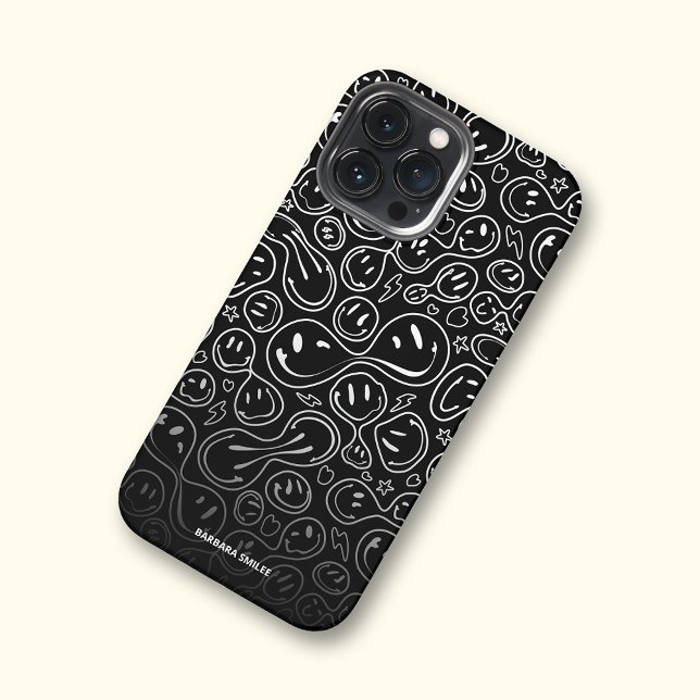 Funda Para iPhone Nombre personalizado del patrón de cara sonriente  (Modern smile face, smiling face, smile pattern, smiling face pattern, black and white custom name)
