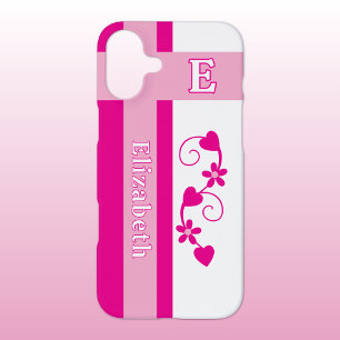 Funda Para iPhone 16 Plus Nombre personalizado flores iniciales corazones ro
