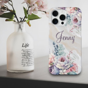Funda Para iPhone 16 Pro Max Nombre Personalizado Mármol Floral Acuarela Person