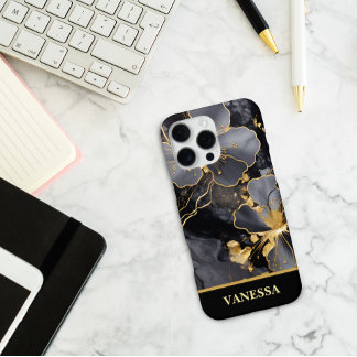 Funda Para iPhone 16 Pro Max Nombre personalizado mármol negro flor dorada pers