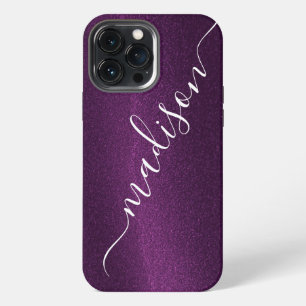 Funda Para iPhone 13 Pro Max Nombre personalizado morado con purpurina brillant
