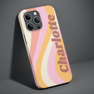 Funda Para iPhone 13 Pro Max Nombre Personalizado Ola Retro Naranja Rosa