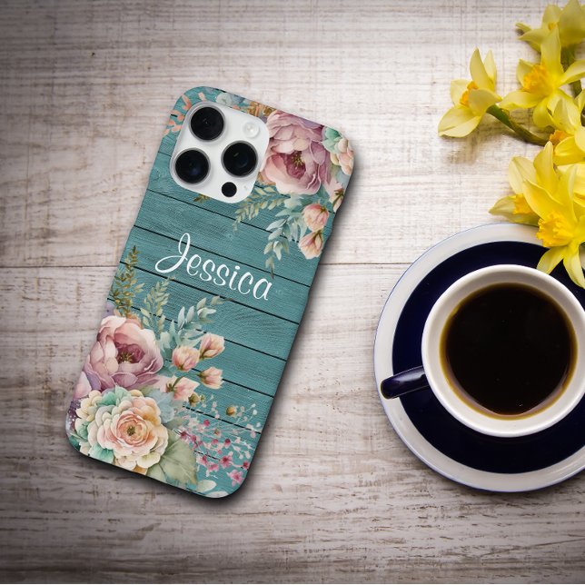 Funda Para iPhone Nombre personalizado rústico madera azul floral pe (Subido por el creador)