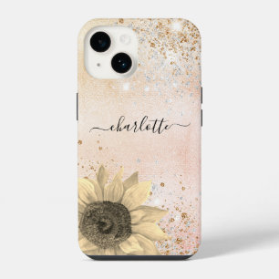 Funda Para iPhone 14 Nombre rústico del girasol rosa dorado