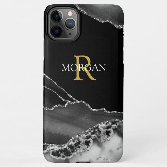 Funda Para iPhone Nombre y monograma, Agante negro gris, Blanco dora (Reverso)