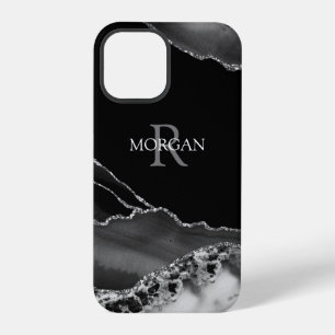 Funda Para iPhone 12 Pro Nombre y Monograma, Ágata B/N, Texto Blanco y Gris