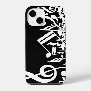Funda Para iPhone 14 Notas musicales blancas revueltas sobre fondo negr