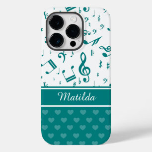 Funda Para iPhone 14 Pro Notas musicales y patrones de corazón Verde azulad