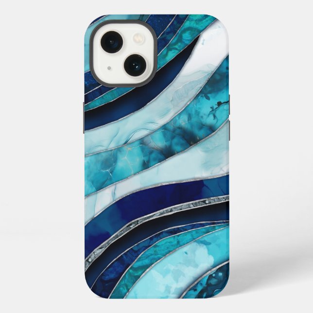 Funda Para iPhone Olas - Azul Abstracto de Medios Mixtos (Reverso )