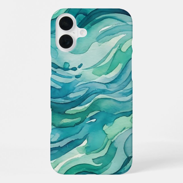 Funda Para iPhone Olas de océano acuarela azul verdoso (Reverso )