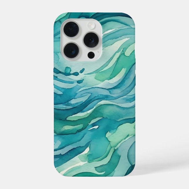 Funda Para iPhone Olas de océano acuarela azul verdoso (Reverso )