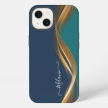 Olas de oro elegantes azul turquesa con nombre