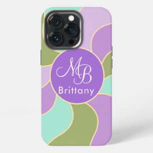 Funda Para iPhone 13 Pro Olas de sol retro elegantes moradas y verdes monog