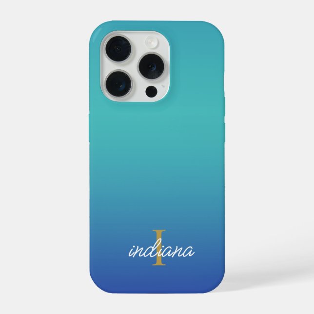 Funda Para iPhone Ombre Azul Monograma Script Moderno (Reverso )