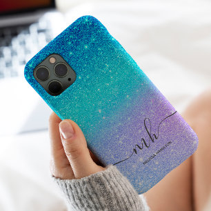 Funda Para iPhone 13 Pro Max Ombre moderno de purpura con brillo azul monograma