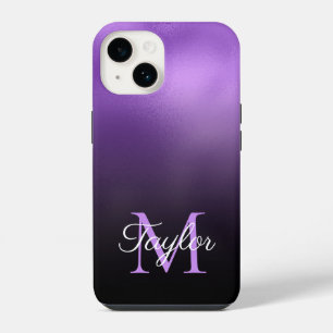 Funda Para iPhone 14 Ombre Morado Negro y Lila Falso Foil Monograma