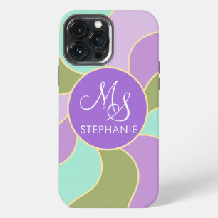 Funda Para iPhone 13 Pro Max Ondas de sol Retro Verde Morado Monogramado Elegan
