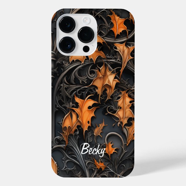 FUNDA PARA iPhone ORNAR PISTAS NEGRAS CON HOJAS DE CAÍDA NARANJA (Reverso)