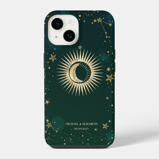 Funda Para iPhone Oro Celestial Sol Y Luna Estrellas Verde (Reverso )