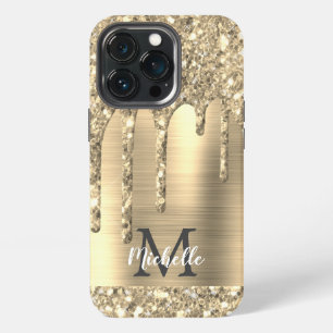 Funda Para iPhone 13 Pro Oro Glam Chic Brillo Monograma Metal