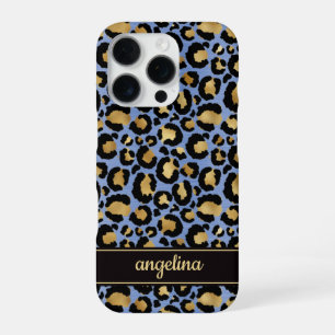 Funda Para iPhone 16 Pro Oro Laminado Sobre Estampado De Leopardo Azul Mono