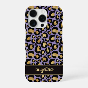 Funda Para iPhone 16 Pro Oro Laminado Sobre Estampado De Leopardo Morado Mo