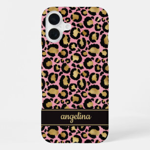 Funda Para iPhone 16 Plus Oro Laminado Sobre Estampado De Leopardo Rosa Mono