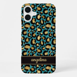 Funda Para iPhone 16 Plus Oro Laminado Sobre Monograma Impreso De Leopardo E