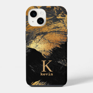 Funda Para iPhone 14 Oro negro nombre monogramado elegante 