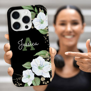 Funda Para iPhone 16 Pro Oro Negro Script Monograma Floral Acuarela Chic