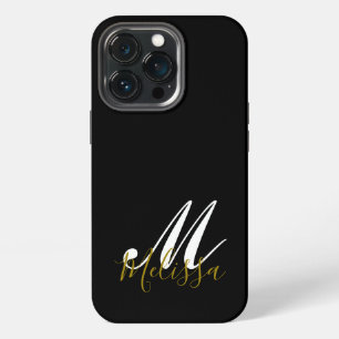 Funda Para iPhone 13 Pro Oro Negro y Monograma Blanco Nombre