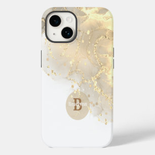 Funda Para iPhone 14 Oro Personalizado con Monograma y Brillo de Mármol