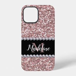 Funda Para iPhone 12 Oro Rosa Brillo y Gemas con Nombre y Monograma