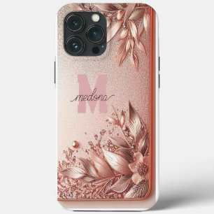 Funda Para iPhone 13 Pro Max Oro rosa moderno y elegante con curva floral11