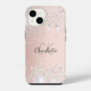 Funda Para iPhone 14 Oro rosa nombre monograma brillo plateado