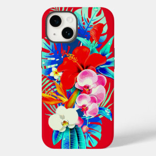 Funda Para iPhone 14 Orquídea tropical palma hoja floral hawaiano rojo
