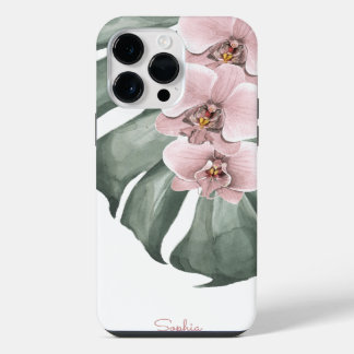 Funda Para iPhone 14 Pro Max Orquídeas rosas en el floral tropical de Monstera